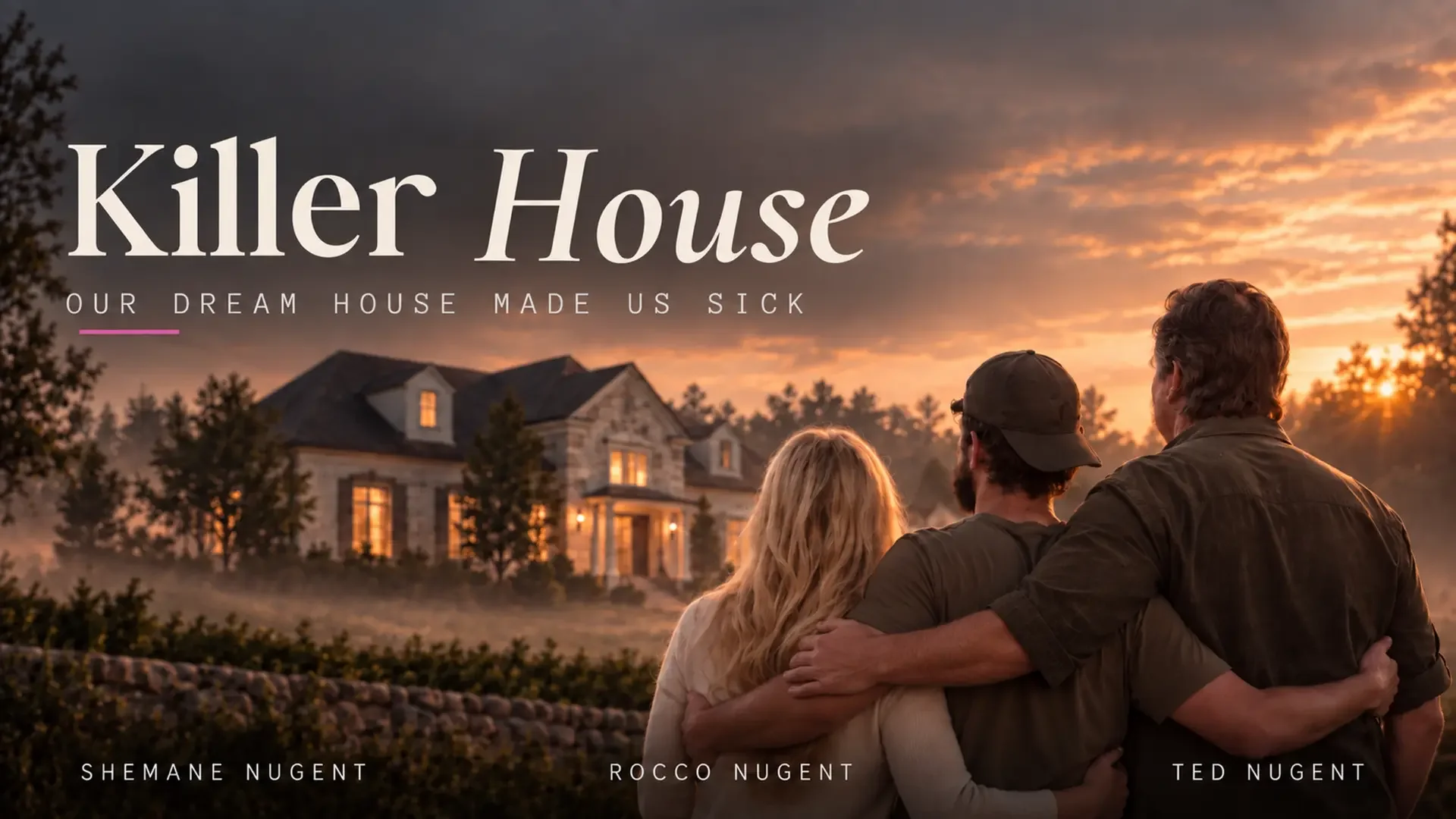 Killer House documentary key art: the Nugent family looking toward their home at sunset