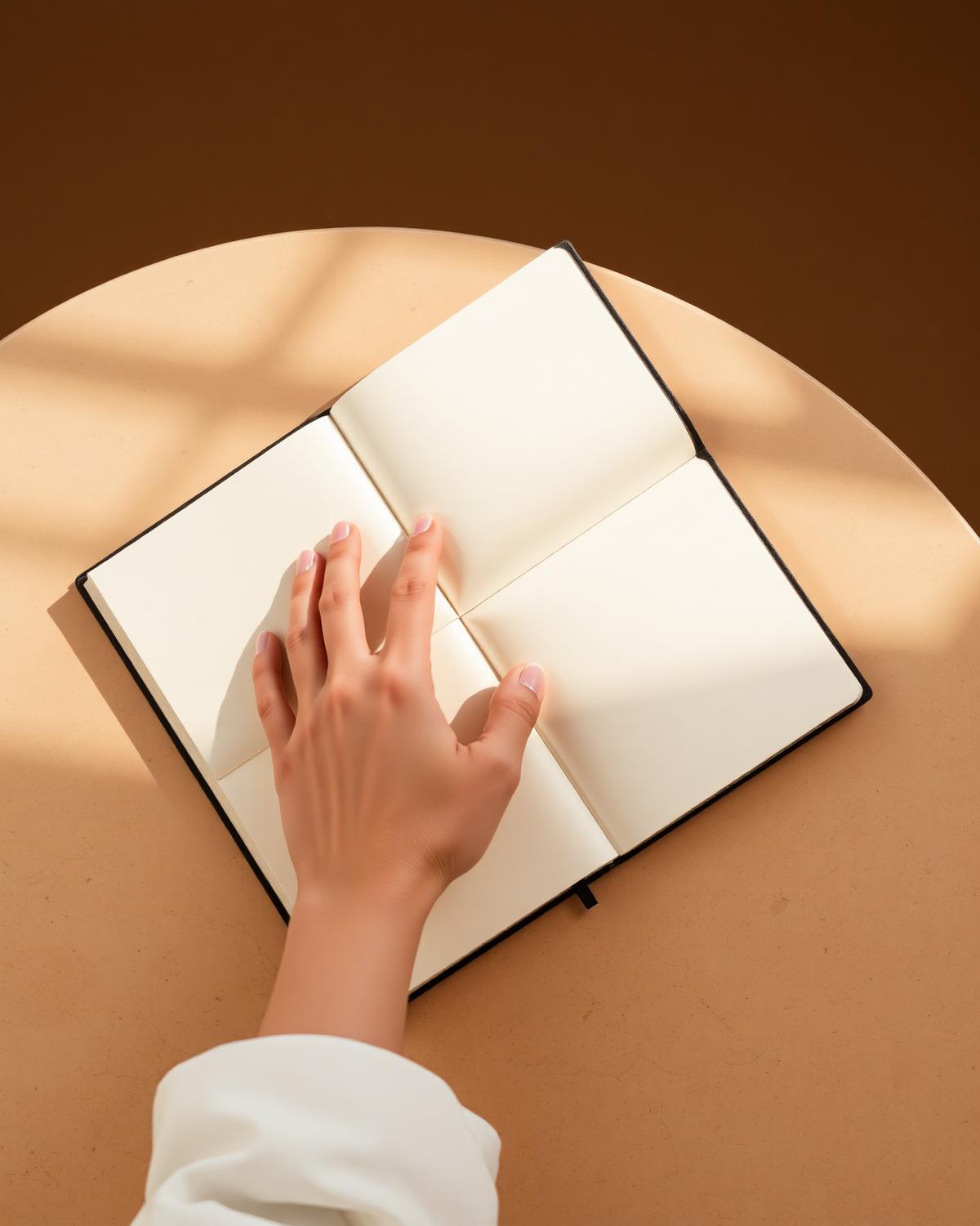 Hands resting on an open notebook beside a window